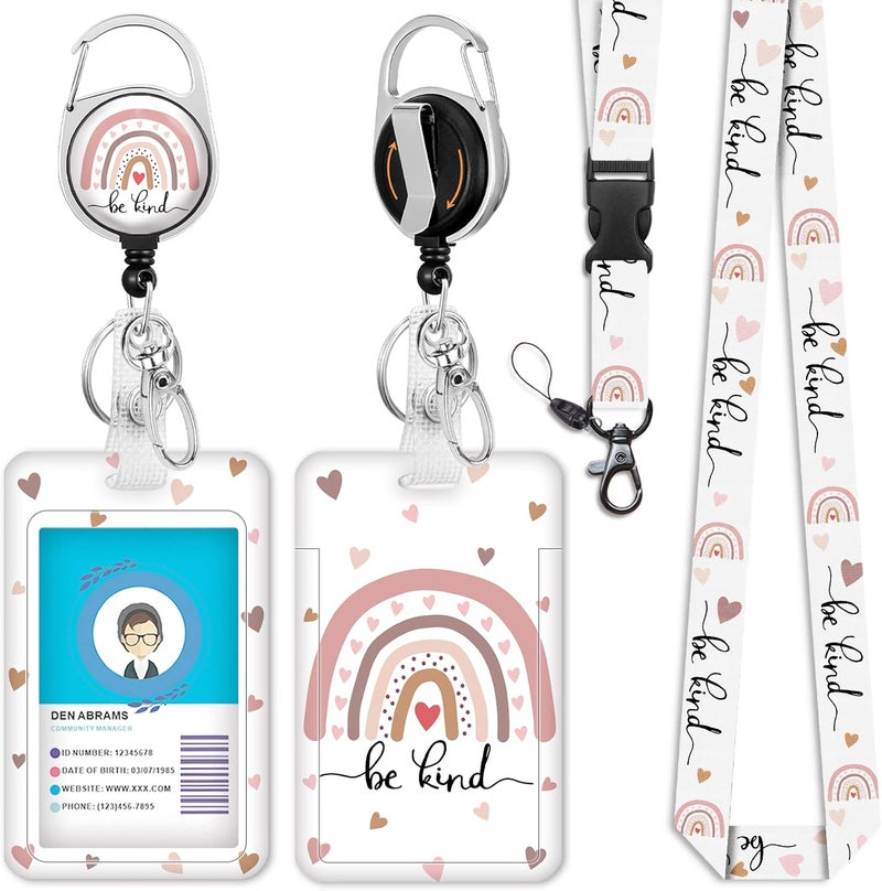 GIANCOMICS Be Kind Lanyards for Id Badges, Cute Rainbow Badge Reel Heavy Duty with Carabiner Clip, Fashionable ID Badge Holder with Breakaway Lanyard, Teacher Nurse Office Christmas Gifts - Image 1